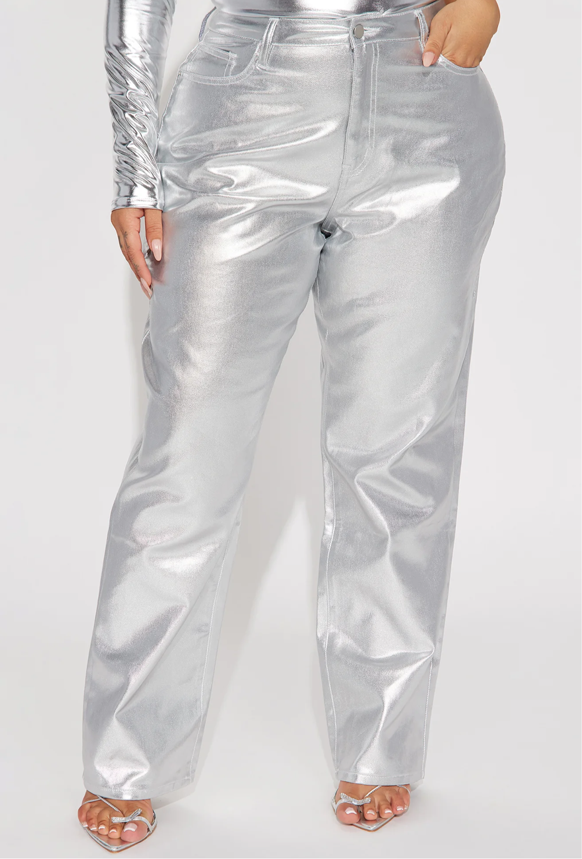 Metallic Straight Leg Pants - Silver