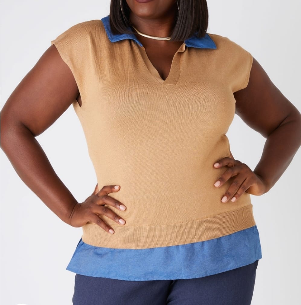 Two-Fer Sweater Top (Khaki) . Also available in Brown and white