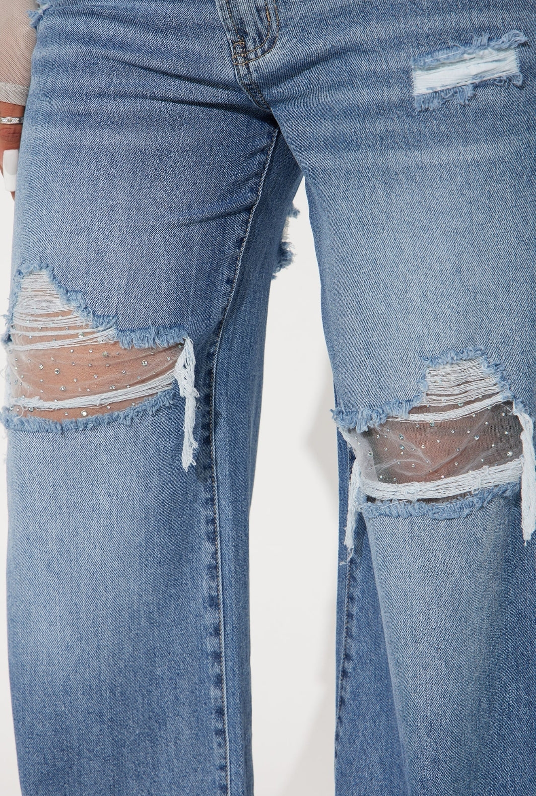 Embellished Ripped Straight Leg Jeans