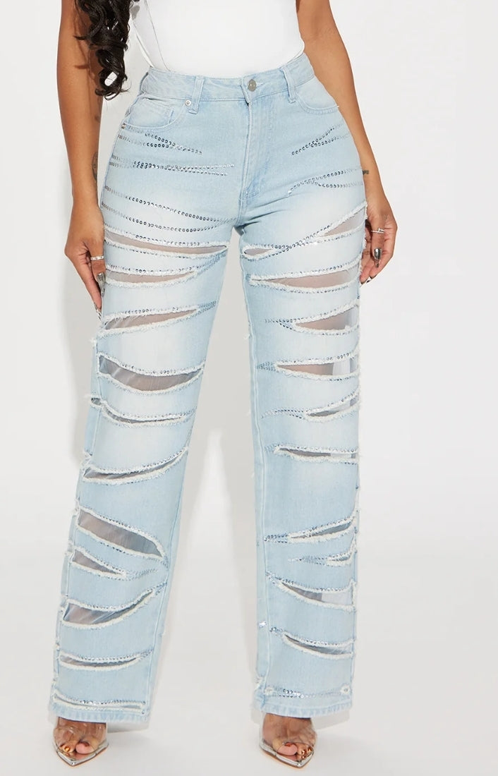 Embellished Cut Out Straight Leg Jeans