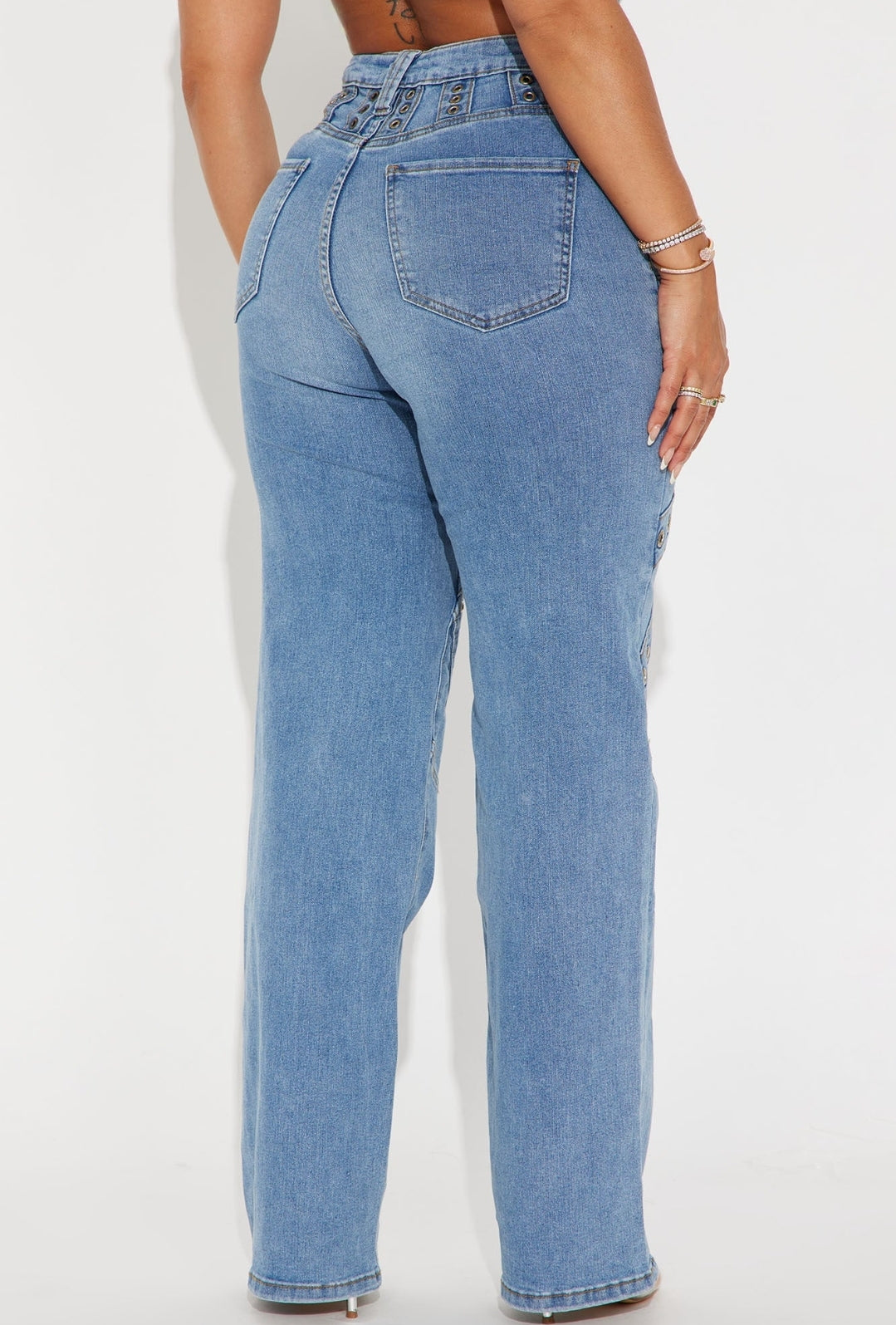 Stretched Embellished/ Grommets straight leg jeans