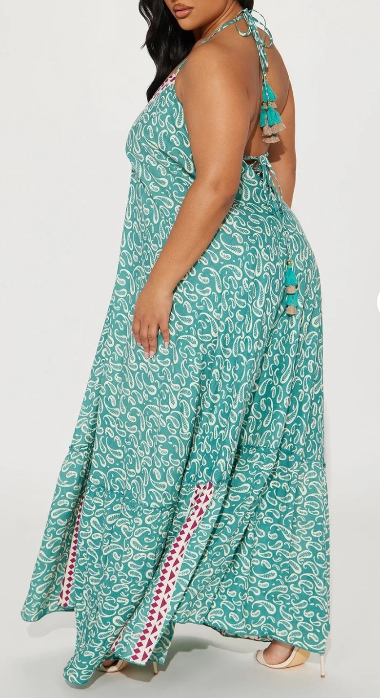Halter Tassel String Dress (Teal/ cream/ burgundy combo)