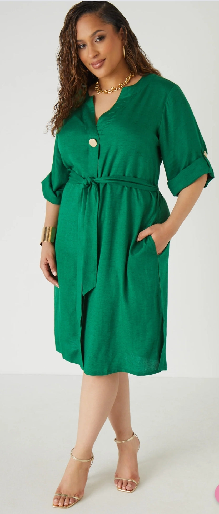 Linen Blend Shirt Dress- Green