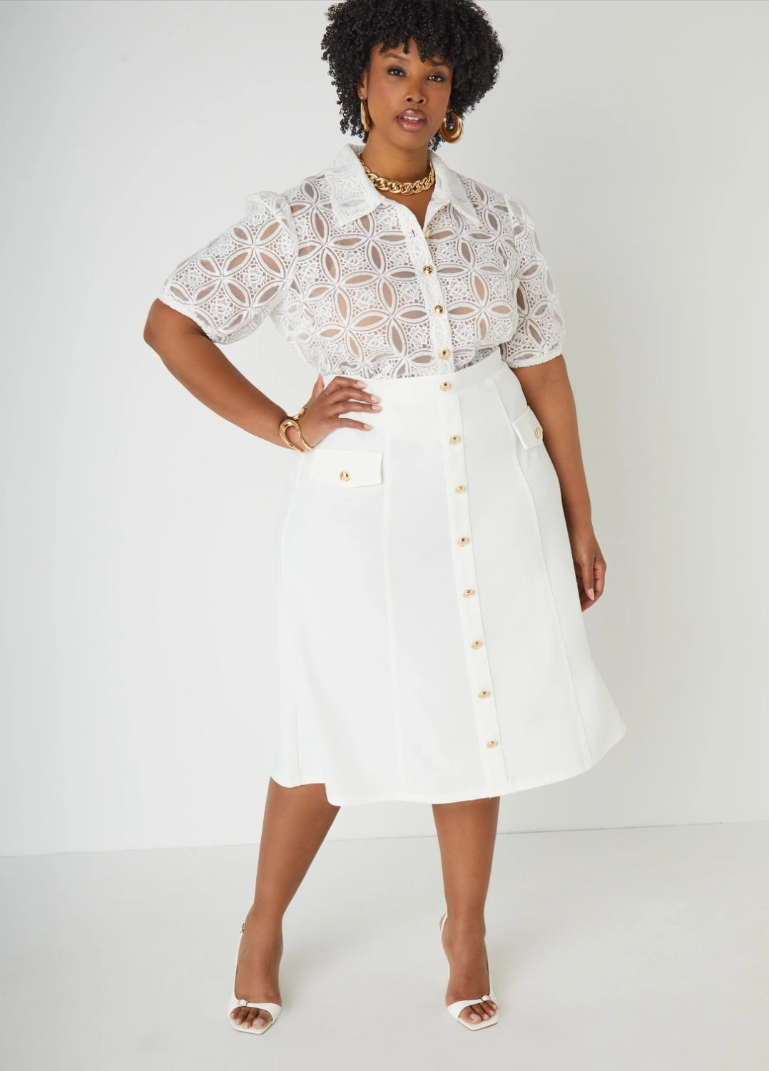 2PC SKIRT Set with Gold Buttons - white