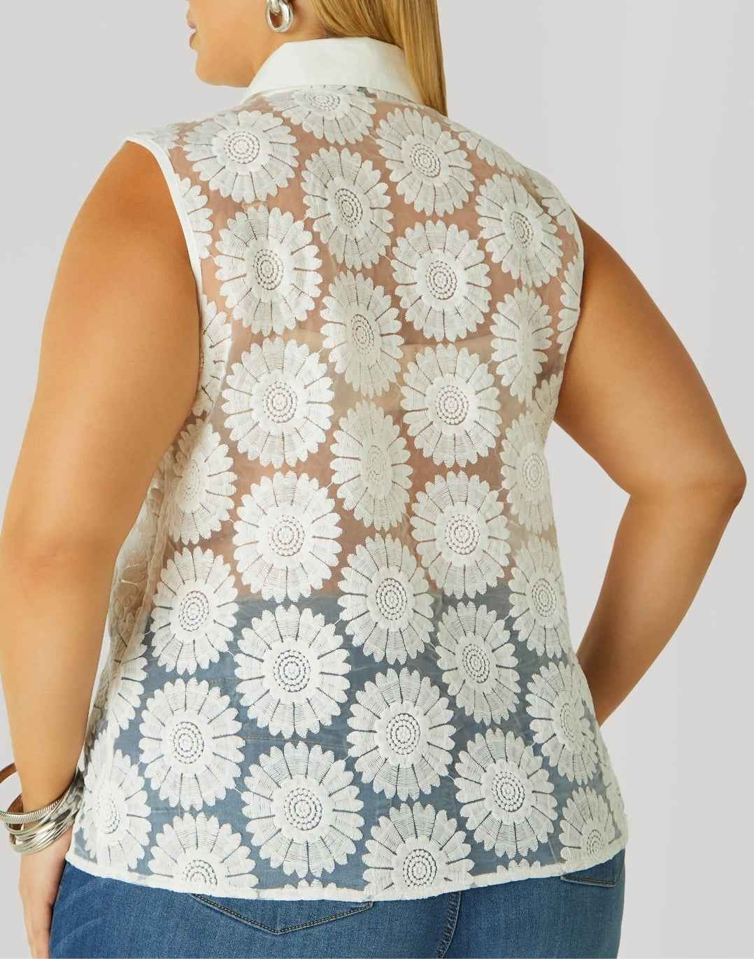White Floral Embroidered Mesh Shirt