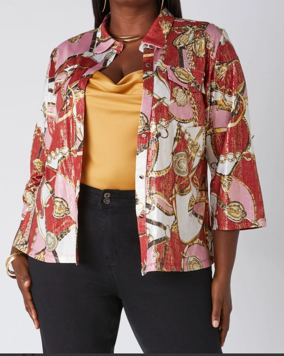 Status Print button up shirt