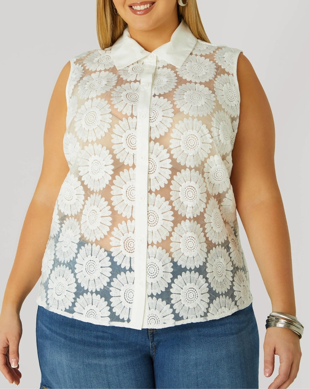 White Floral Embroidered Mesh Shirt