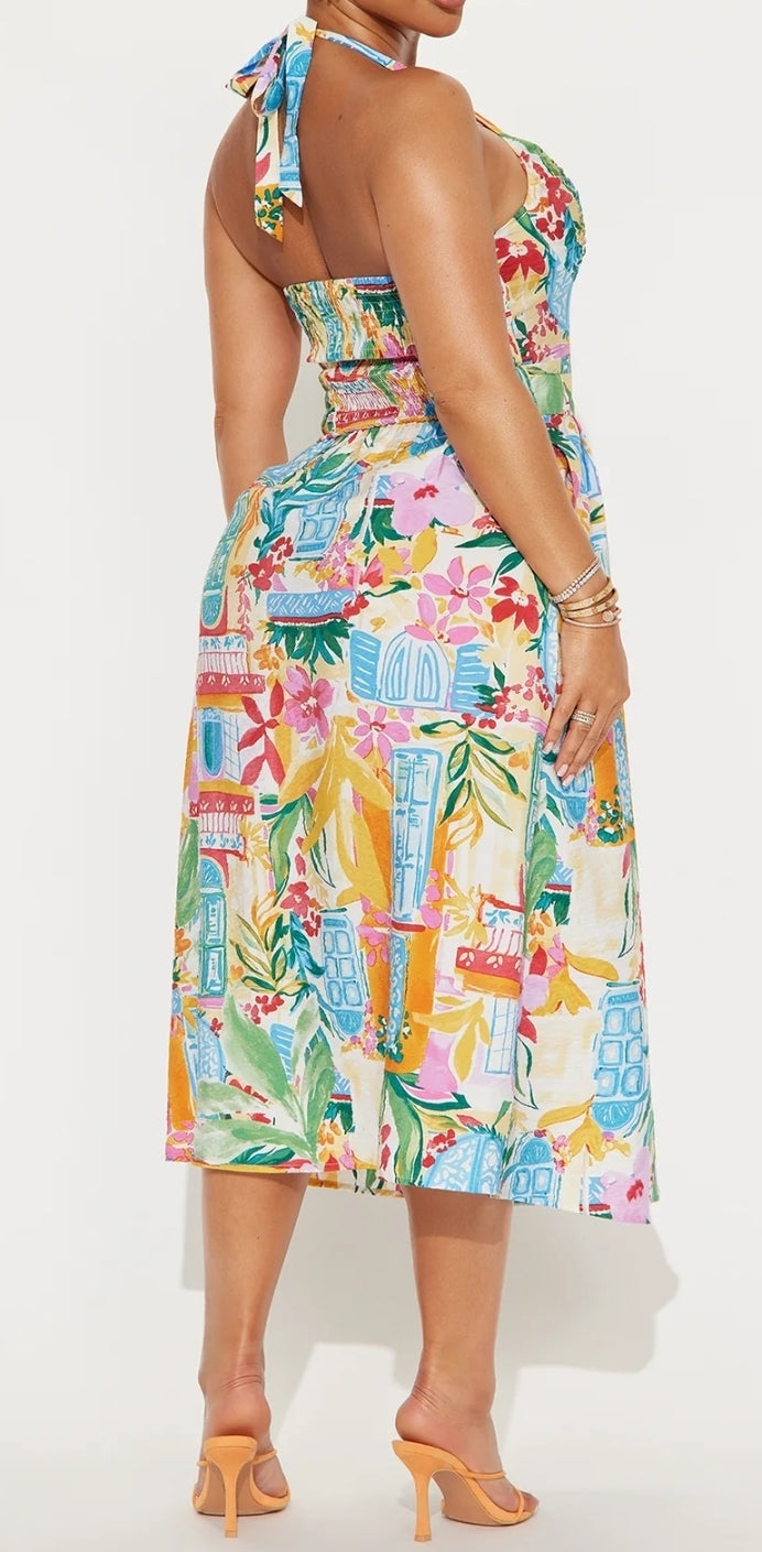 Art Show Halter Midi Dress- Multi colour