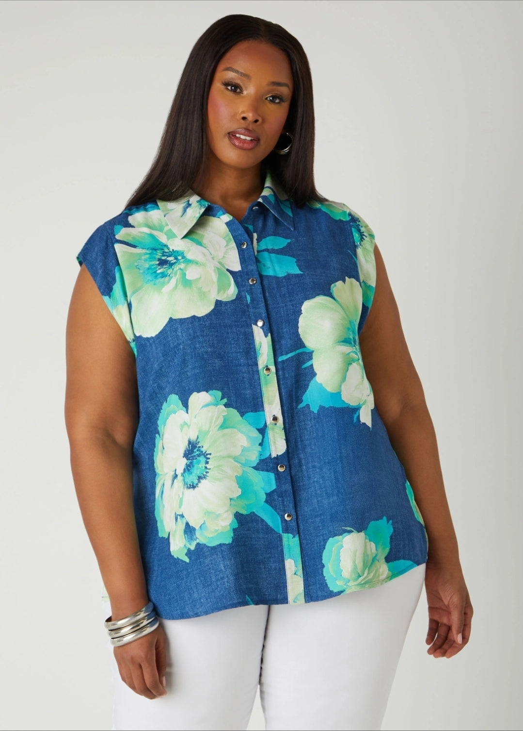 Floral Denim Print Shirt - Blue/green/white
