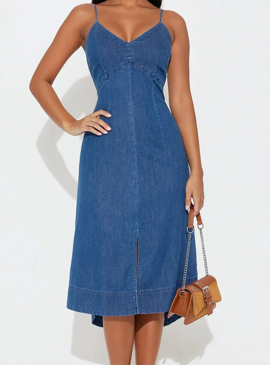 Denim Stretch Midi Dress - Dark Wash
