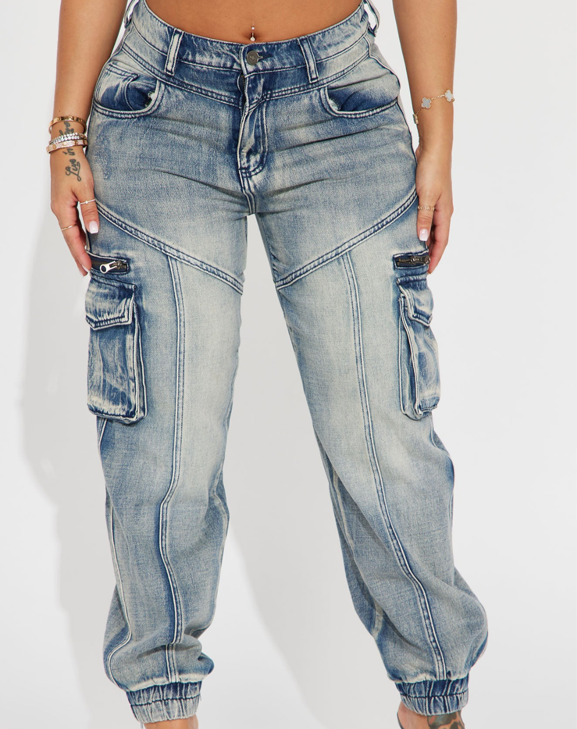 Tinted Denim Cargo Joggers- Medium Wash