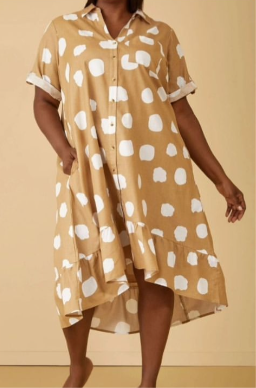Dotted Print Linen Blend Dress- Mocha