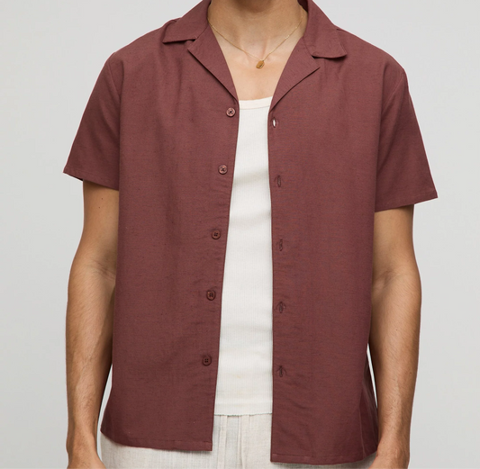 Linen Short Sleeve Button Up Shirt- Brown