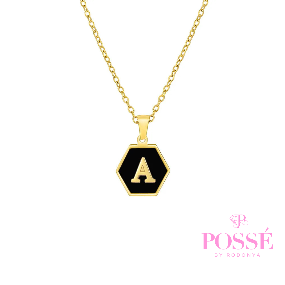 Black Reflective Initial Hexagon Necklace