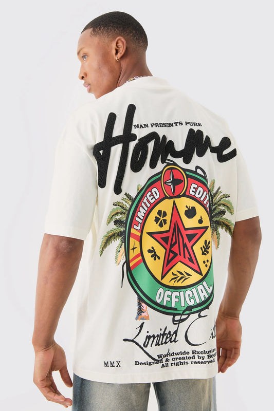 Homme Embroidered Graphic Tee- White