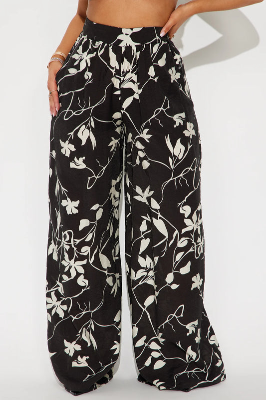 Black Floral Wide Legged Pants