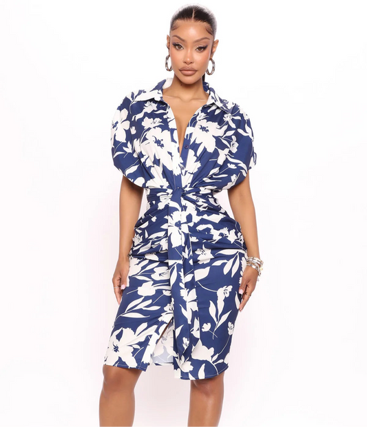 Florals Shirt Dress - Blue