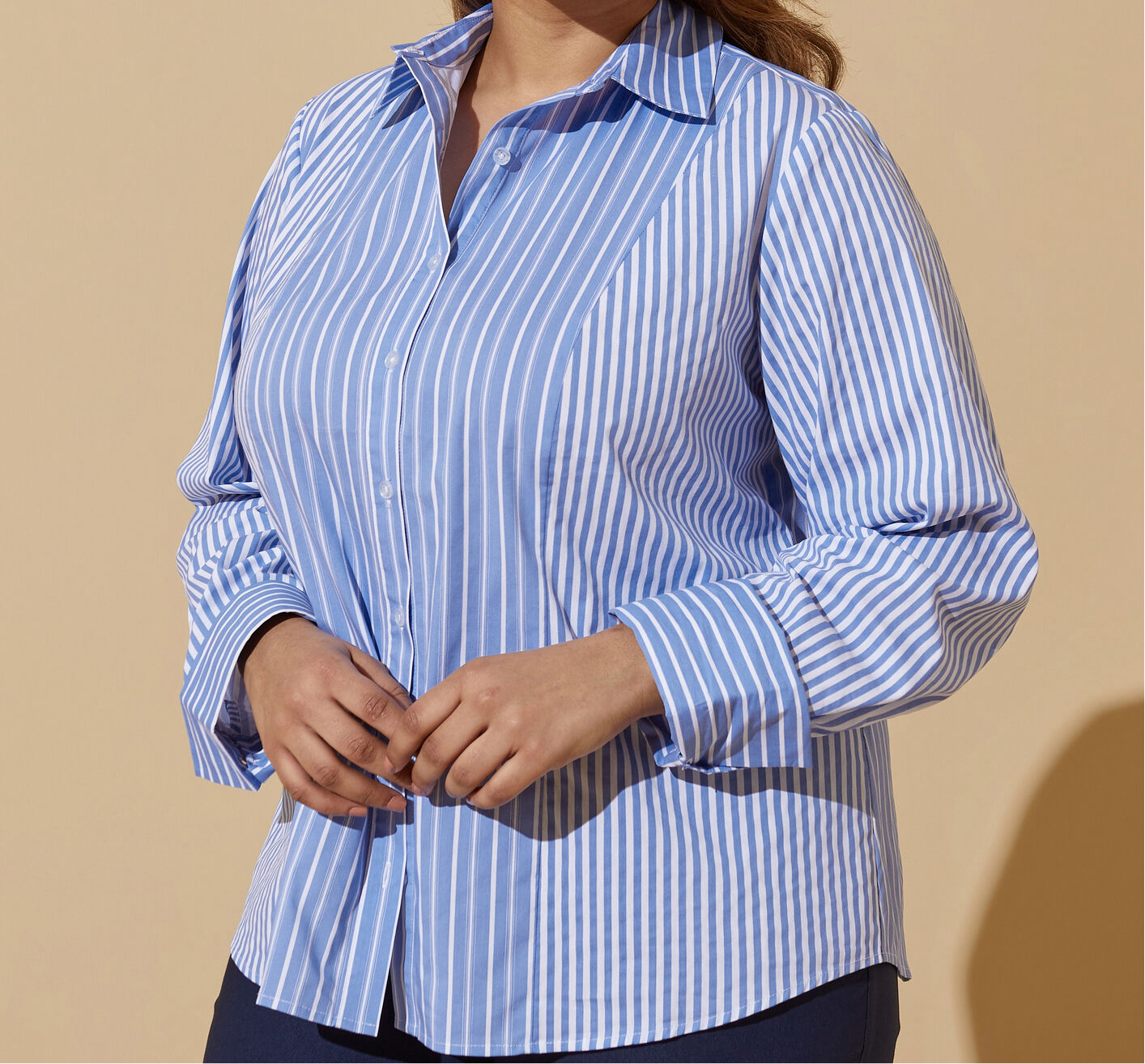 Cotton Blend Strip Button Up- Blue/White