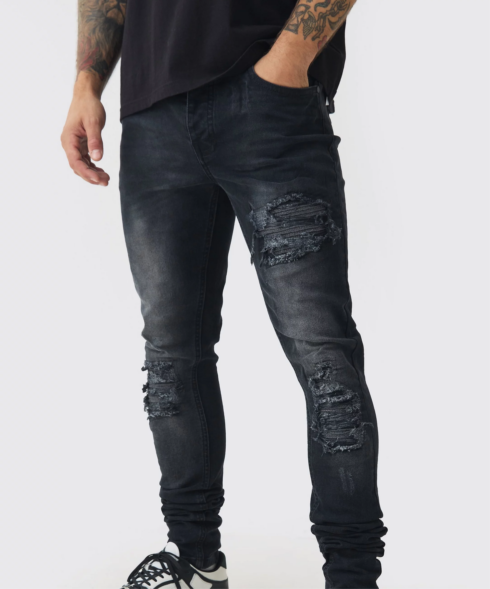 Skinny Biker Ripped Jeans- Black