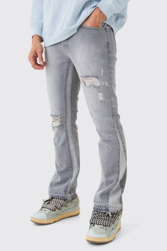 BOHO MAN Slim Flare Distressed Panel Jeans - Grey