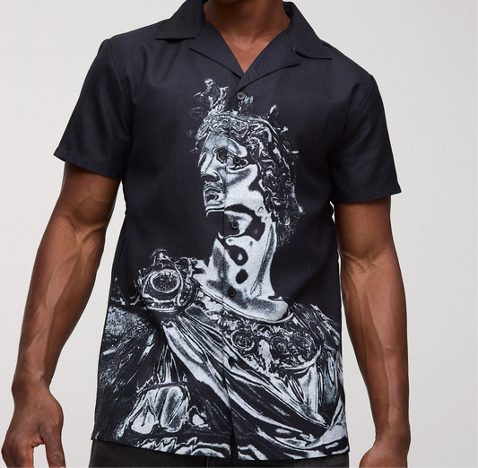 Statue Printed Button Up Shirt- Black