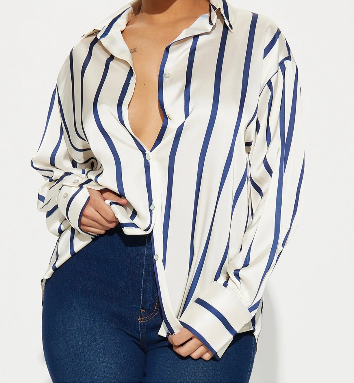 Bayside Satin Strip Blouse- Ivory/Blue