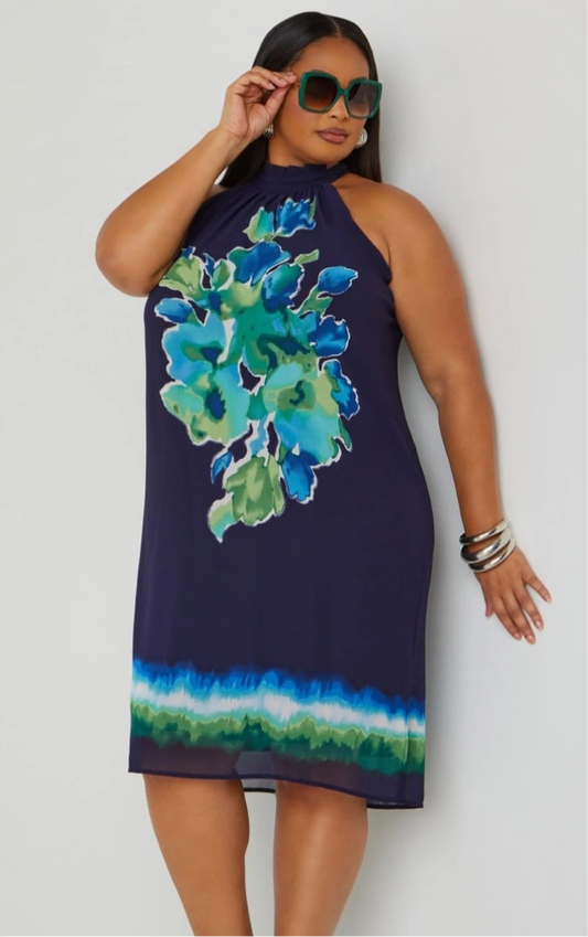 Flower Shift Dress - Green/Blue Combo