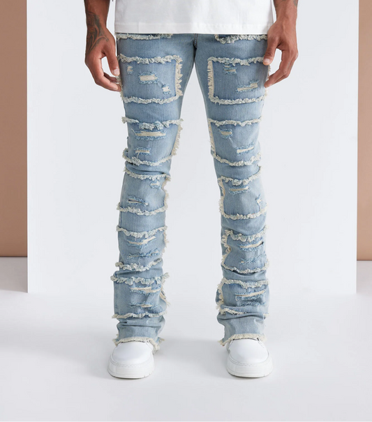 Shredded Stacked Flared Jeans - Medium Wash