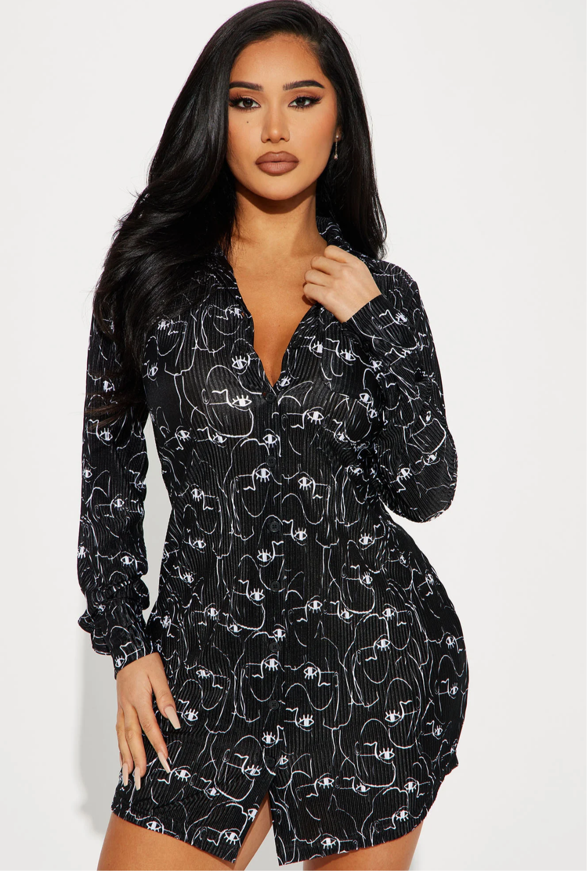 Lisa Plisse Shirt Dress- Faces Blk/White