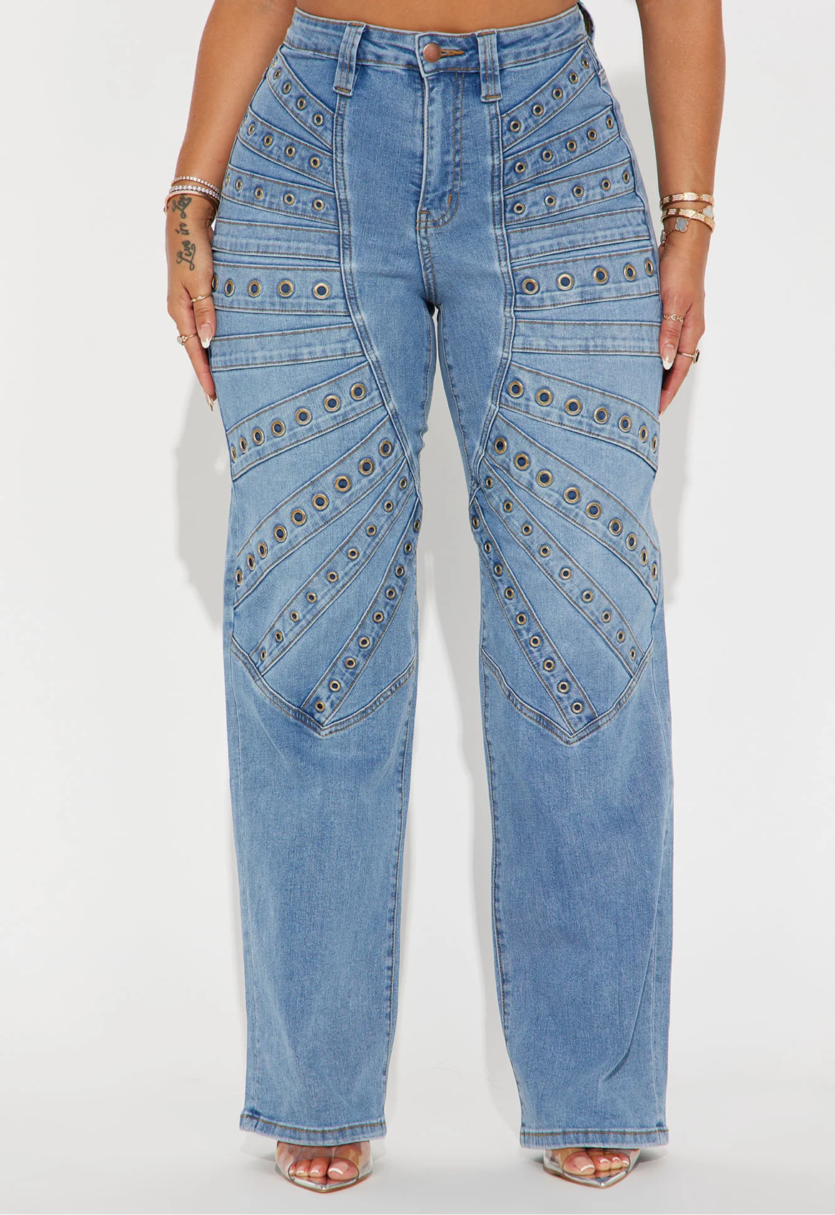 Embellished Straight Leg Jeans- Medium Wash