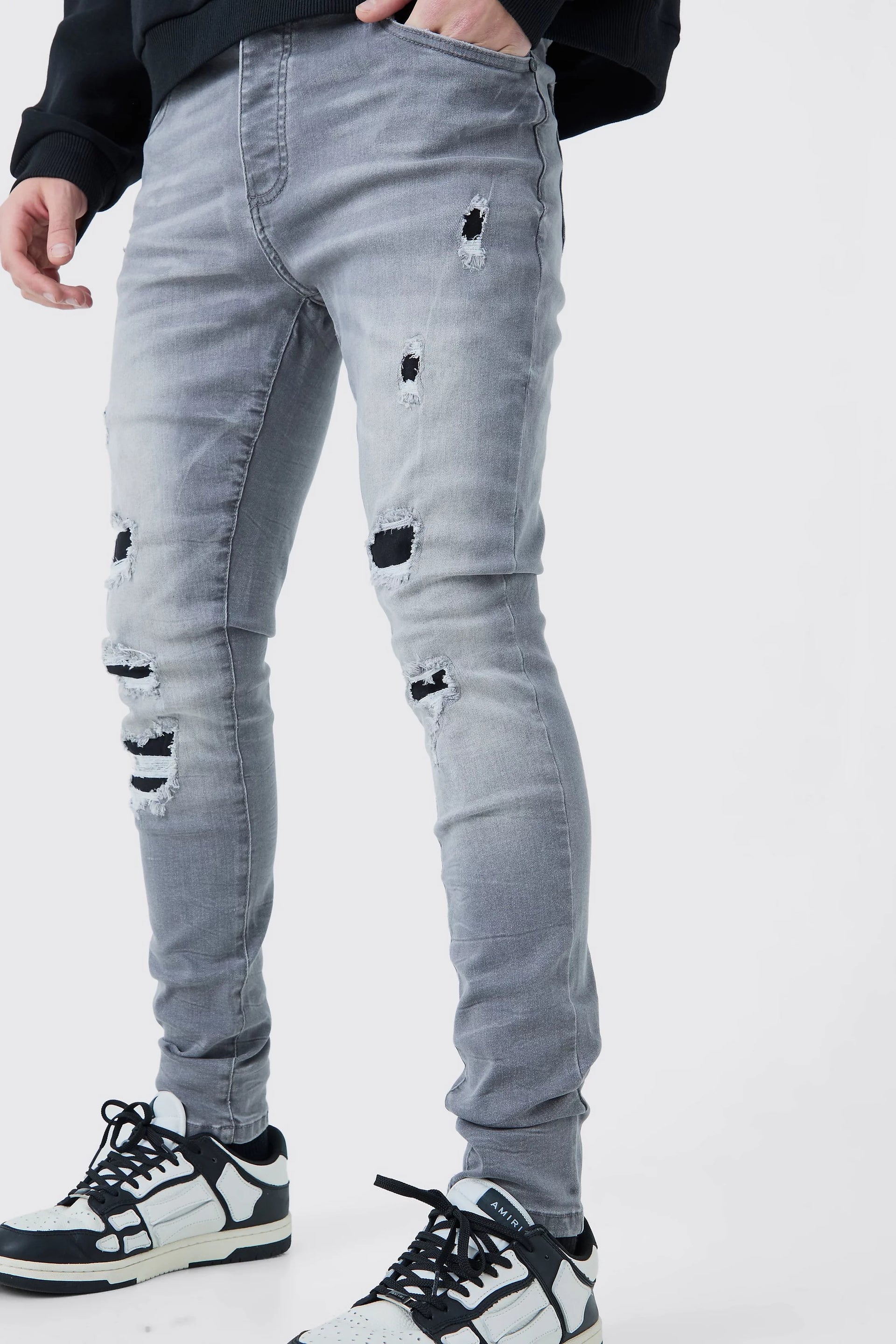 Skinny Ripped Stretch Jeans - Ice Grey