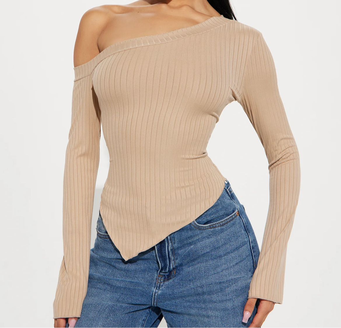 Too Good One Shoulder Top- Taupe