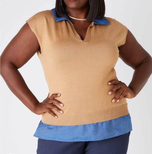 Two-Fer Sweater Top (Khaki) . Also available in Brown and white