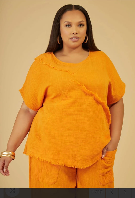 Orange Patchwork cotton gauze top