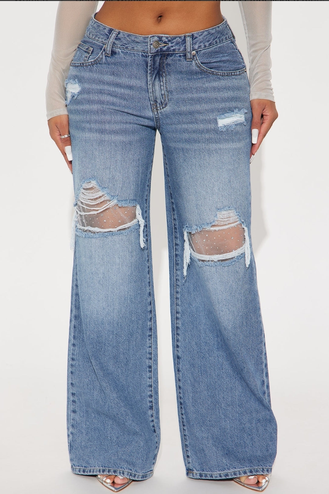 Embellished Ripped Straight Leg Jeans