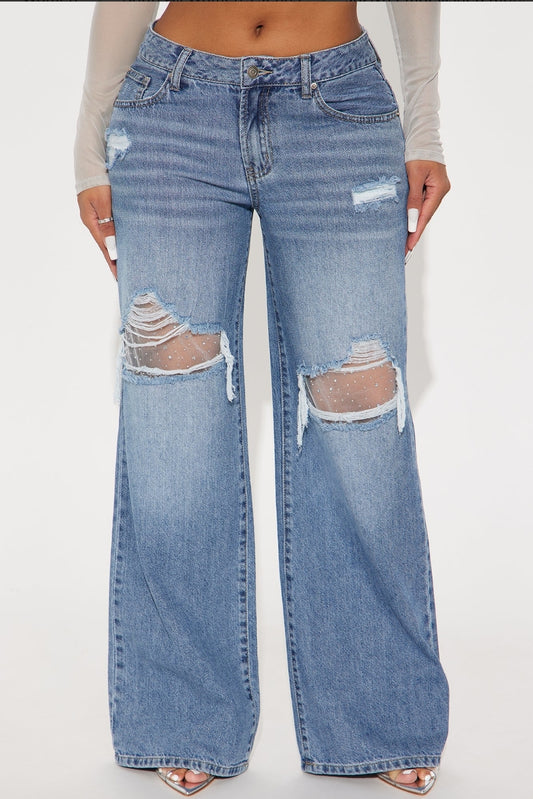 Embellished Ripped Straight Leg Jeans