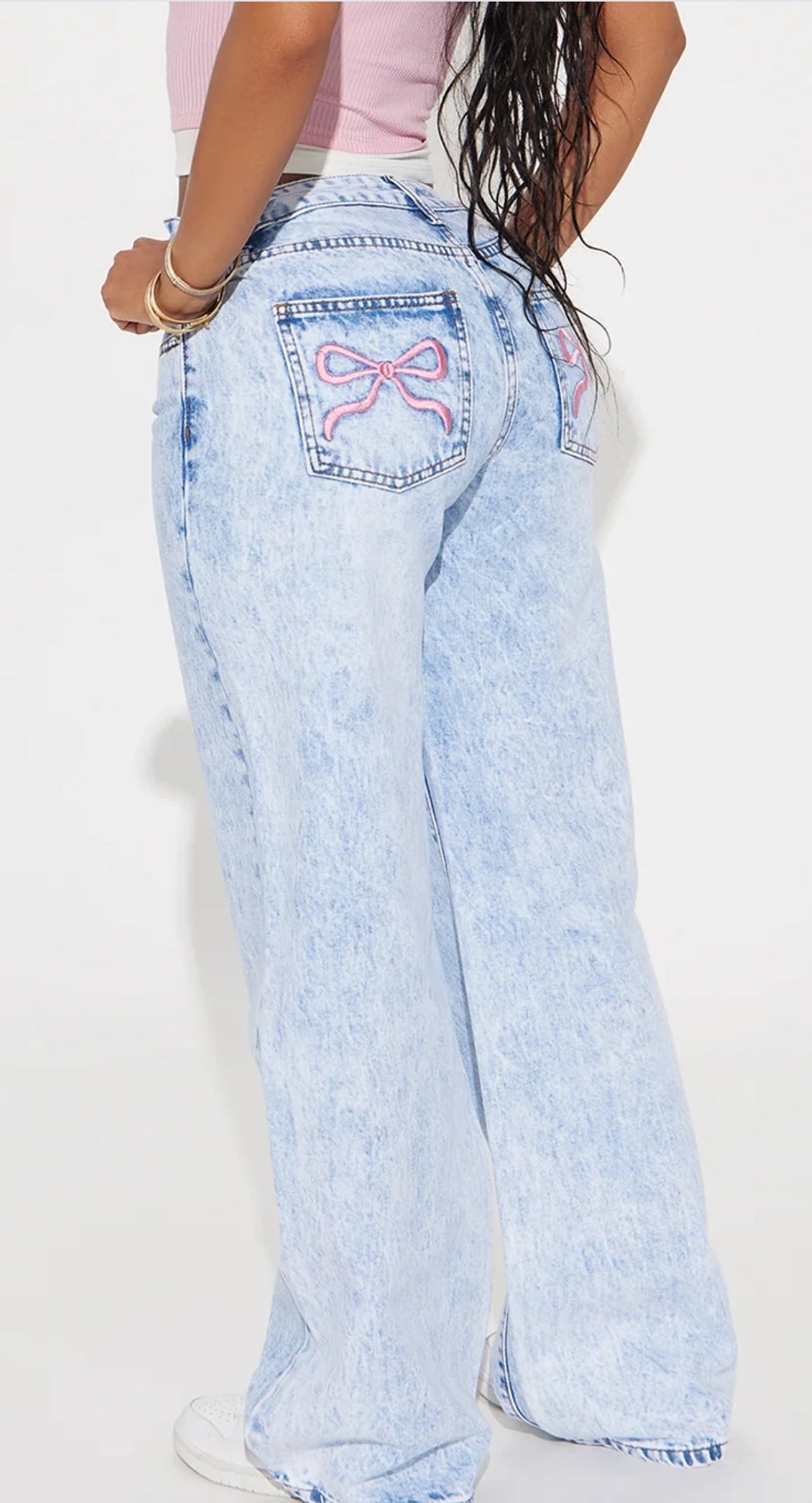 Embroidered Bow Tie Straight Leg Jeans