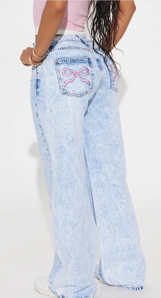 Embroidered Bow Tie Straight Leg Jeans