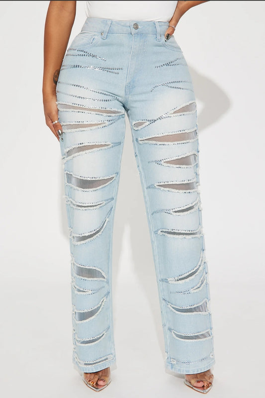 Embellished Cut Out Straight Leg Jeans