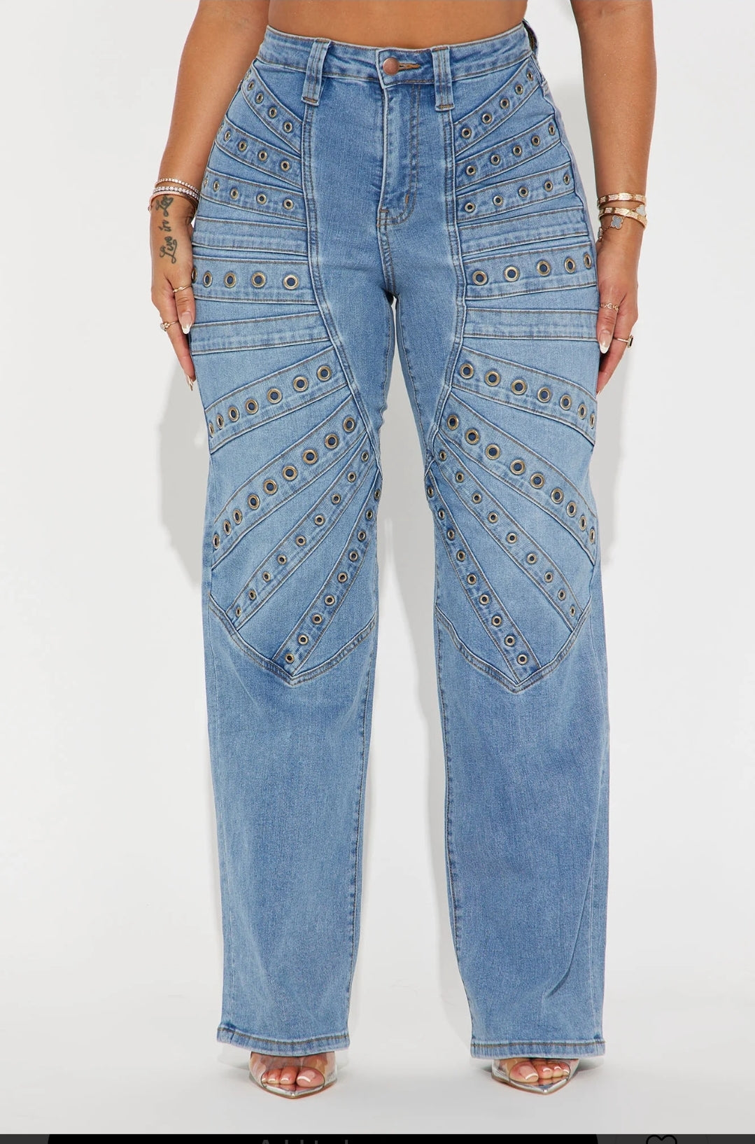 Stretched Embellished/ Grommets straight leg jeans