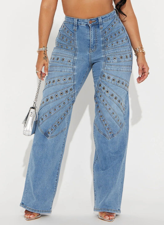 Stretched Embellished/ Grommets straight leg jeans