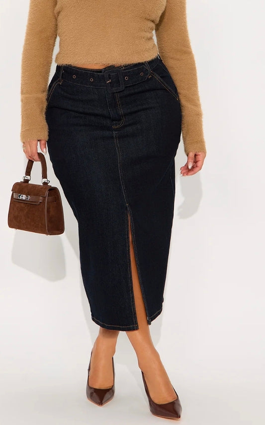 Cleo Belted Midi Denim Skirt
