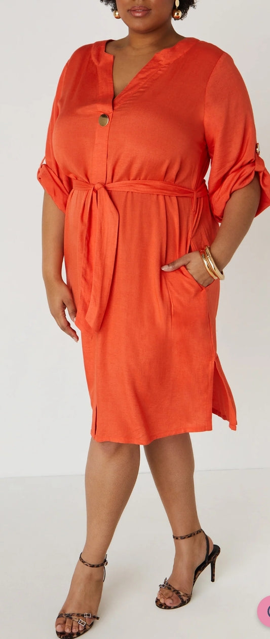 Linen Blend Shirt Dress - Orange