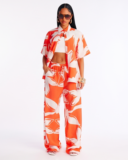 Ready for Vacation Wide Leg Pants Set - Orange