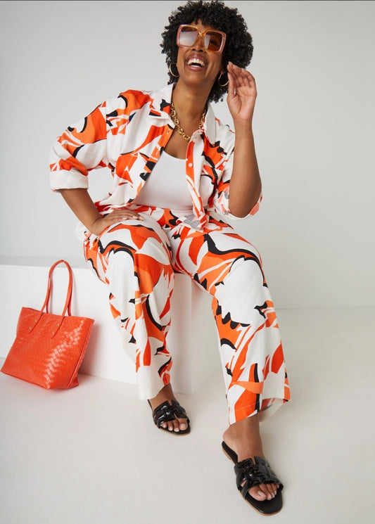 Orange & White Printed Wide Leg Pants Set