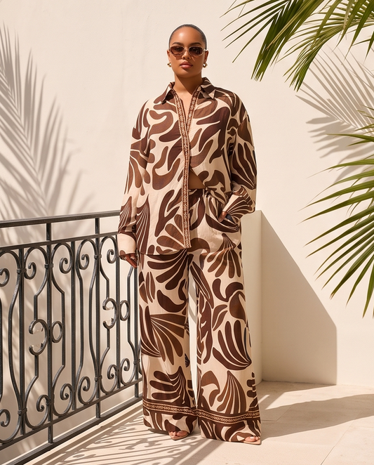 Coastal Love Pants Set- Brown& White