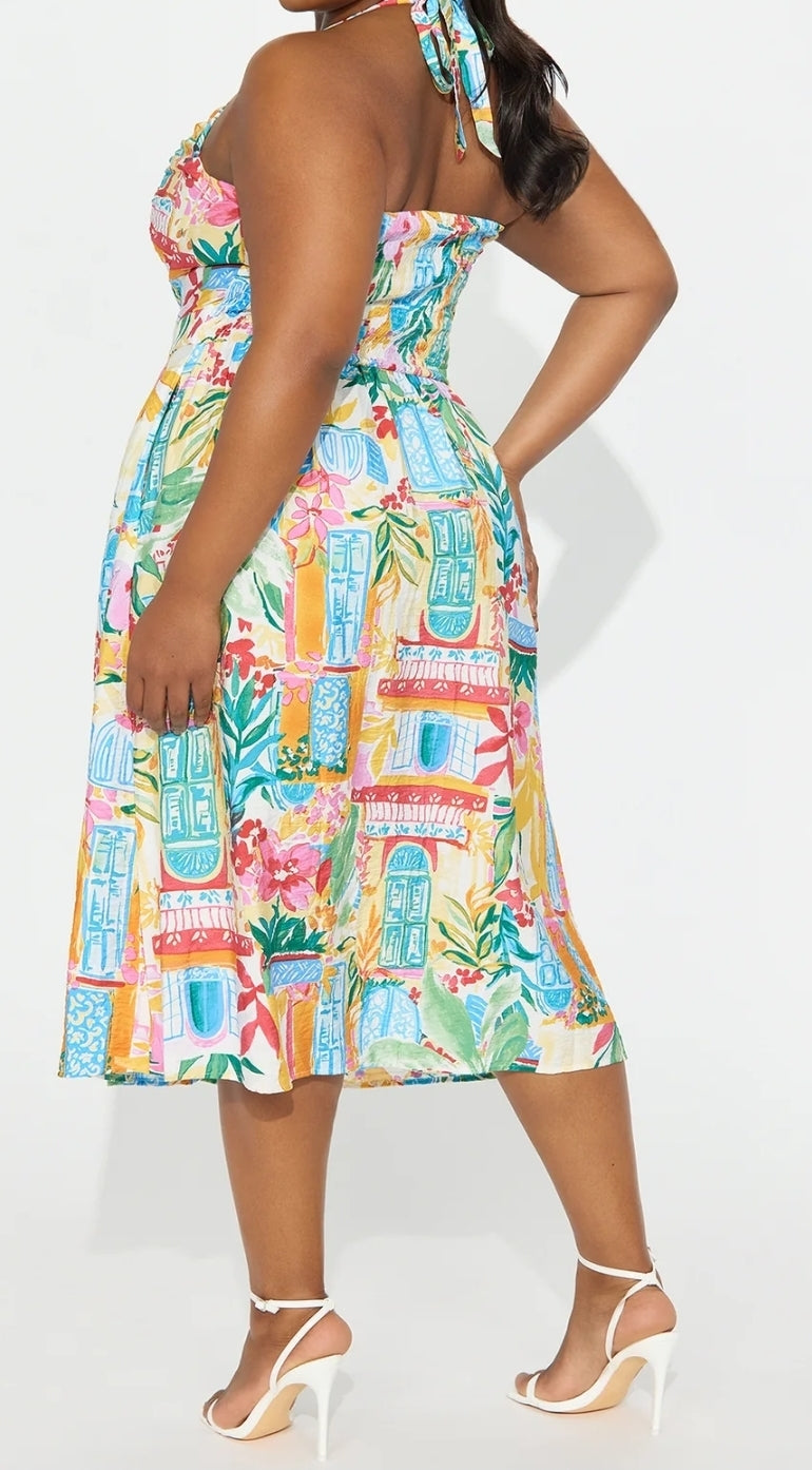 Art Show Halter Midi Dress- Multi colour