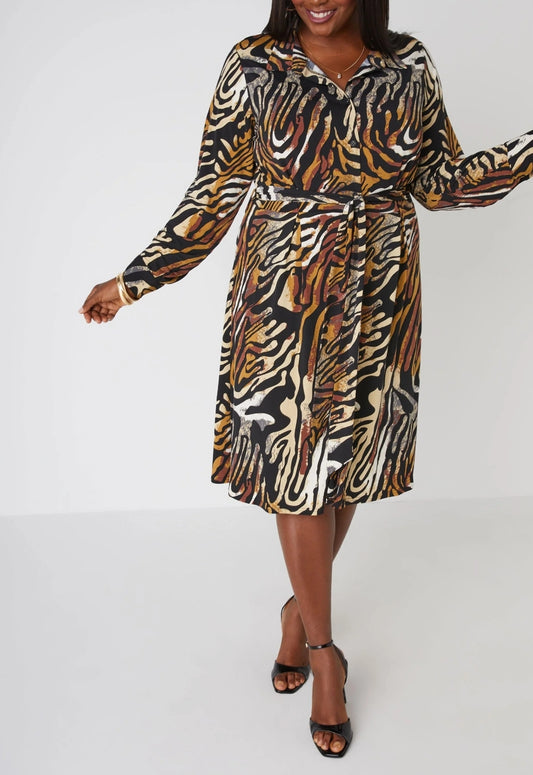 Belted Animal print shirt dress