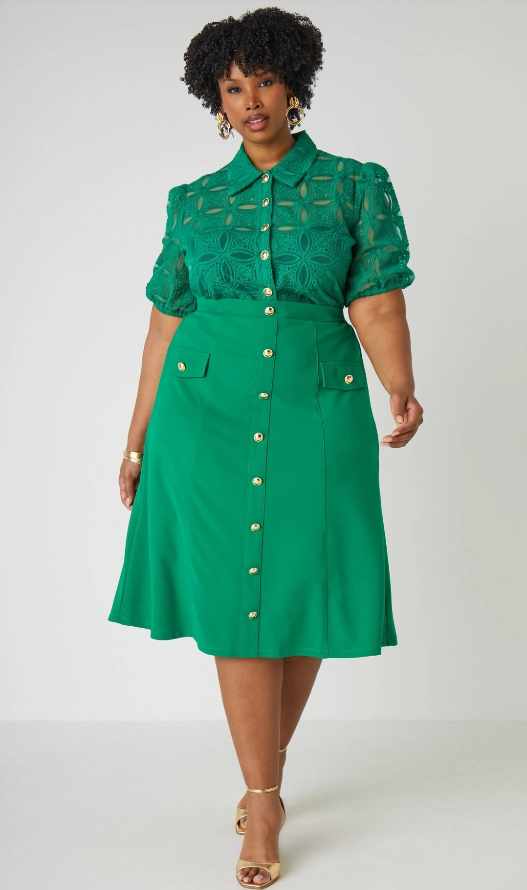 2PC SKIRT Set with Gold Buttons - Green