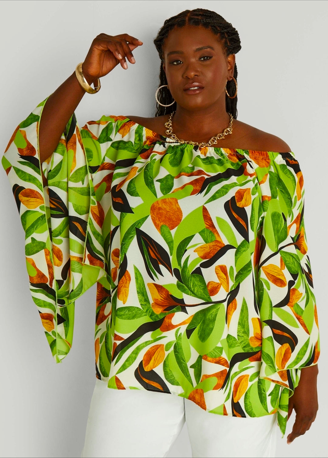 Off The Shoulder Leaf Print Top - Green multi colour
